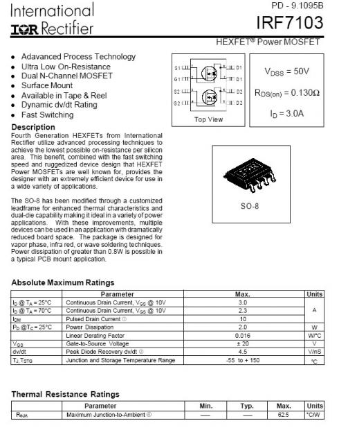 Mosfet Array 2 N-Channel Transistors 50V 3A (IRF7103TRPBF - Tuotekuva